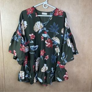 Altar’d State Olive Green w/ Floral Print Blouse                Size Medium